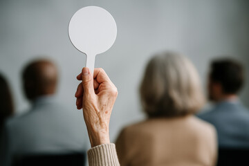 Senior woman holding up a white paddle in an auction setting with blurred audience members in the background