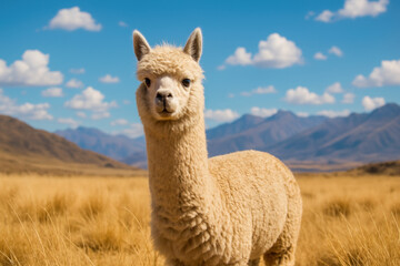 Fototapeta premium Curious alpaca standing in golden grassland under blue sky with distant mountains and fluffy clouds on a bright sunny day