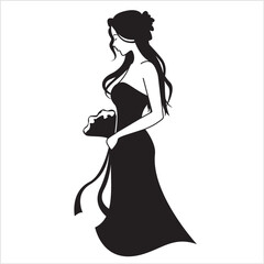 Stylish Bride or Bridesmaid Silhouette with Floral Bouquet – Black and White Vector for Wedding Invitations, Stationery, and Romantic Projects