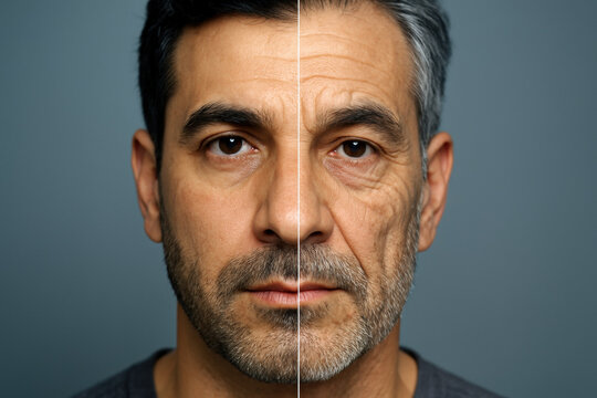 Close up split face of middle aged man showing comparison between youthful and aged skin, highlighting facial aging effects