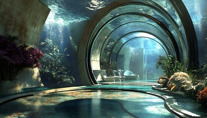 Underwater tunnel interior with a large aquarium.