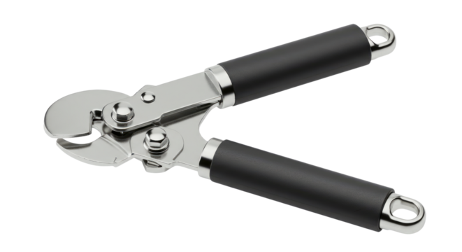 Stainless Steel Can Opener with Ergonomic Black Handles.