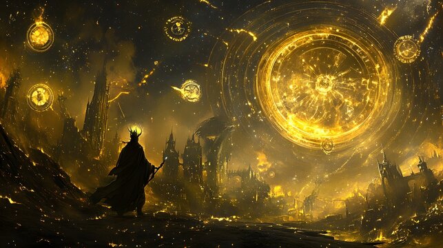 Golden magic swirling around a sorcerer manipulating time surrounded by floating clocks and sigils in a surreal starry dimension