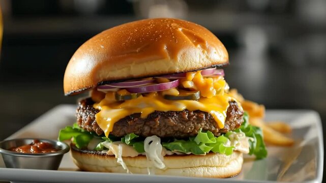 A hamburger with cheese