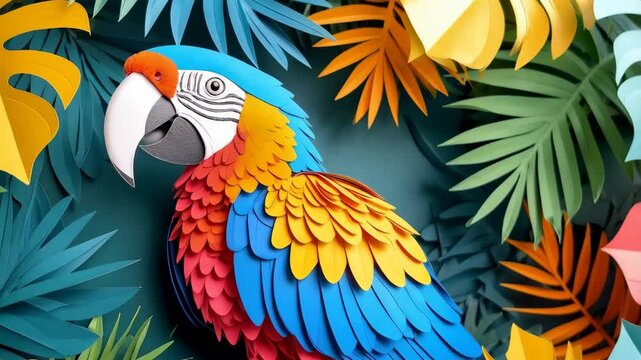 Exotic papercraft parrot bird amidst tropical leaves, colorful illustration, vibrant blue plumage, orange feathers, jungle flora, lush greens and yellows