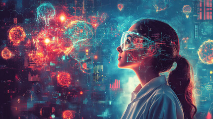 A visionary scientist immersed in a digital world exploring the future of technology and innovation with vibrant neon