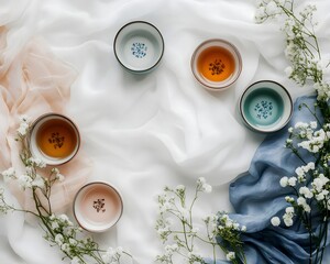 Top view of pastel teacups on soft fabric with delicate white flowers, creating a romantic and serene tea setting.