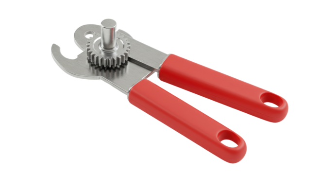 Stainless steel can opener with red handles and a rotating toothed wheel.