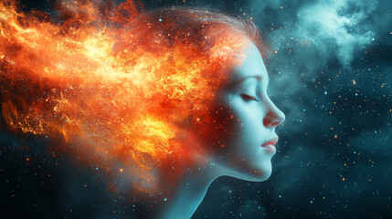 A serene woman embodies cosmic energy her mind ablaze with stars and dreams a captivating portrait with nebula fire and