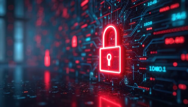 Red glowing padlock, digital breach visual. Futuristic tech concept system hack, cyber security risk. Illustration shows data protection, encryption, information infrastructure, network access