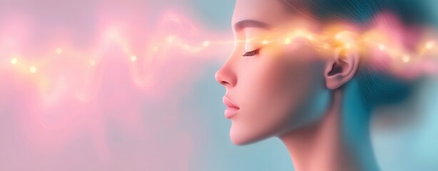 Serene woman in meditation with vibrant energy waves.