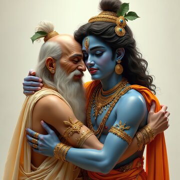Intimate portrayal Krishna Sudama embracing. Krishna blue skin, gold jewelry embraces Sudama, old man with white beard. Hindu gods friendship, love, affection. Warm colors depict spiritual