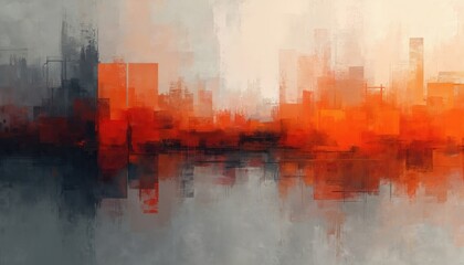 Obraz premium Abstract cityscape painting. Vibrant orange, grey, black colors. Urban skyline concept. Modern art style, brush strokes texture. City buildings at sunset, reflection, minimalist design.