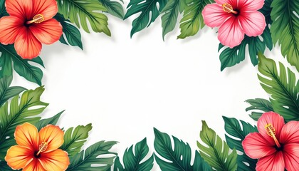 Tropical leaves, exotic flowers frame. Illustration features rich green monstera leaves, vibrant hibiscus blossoms. Floral design perfect for wedding invitation cards, summer background or poster.