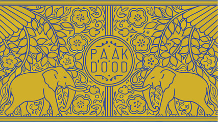 Ornamental design featuring elephants flowers and decorative floral elements on a gold and blue color palette suitable for various design projects and uses. © Muhammad