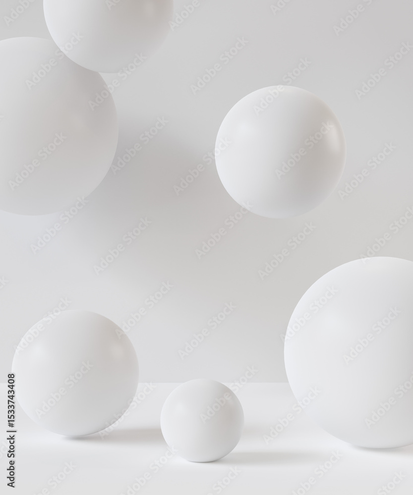 Poster minimal white spheres floating in a soft, neutral space. 3d rendering background for cosmetic produc