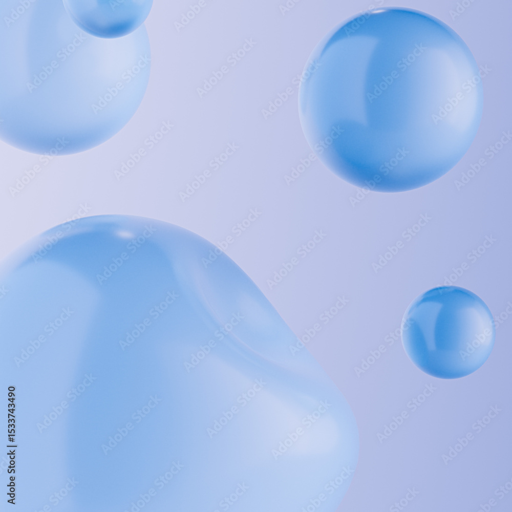 Poster minimal blue bubbles levitation on soft gradient background. 3d rendering background for cosmetic pr