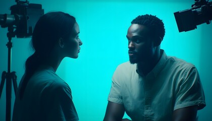 Two people in profile pose against a vibrant turquoise background.
