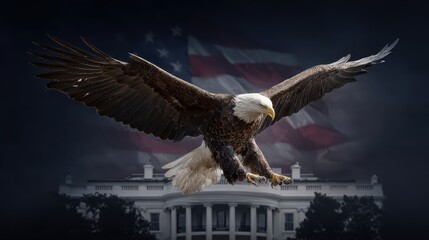 The background is a huge American flag, with the White House on the front right and a composite image of a bald eagle in the air with its wings and claws spread out, ready to attack,