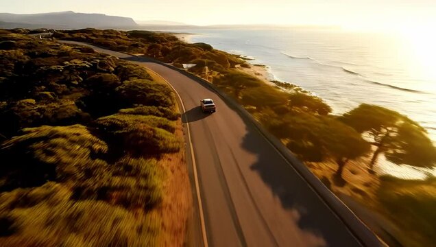 Coastal road trip at sunset, car driving on winding road overlooking ocean. Sun rays illuminating the coastal landscape. - Powered by Adobe