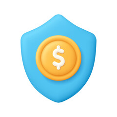 Blue shield and gold coin with dollar sign. Money safety and protection, safe payment, insurance, business and finance concept. 3d vector icon. Cartoon minimal style.