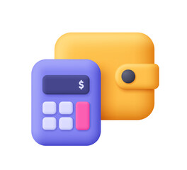 Yellow wallet and a purple calculator with a dollar sign on the screen. Budget, financial planning, accounting, expenses and savings concept. 3d vector icon. Cartoon minimal style.