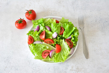 Fresh Salad with Tomatoes and Red Onion on a White Plate top view