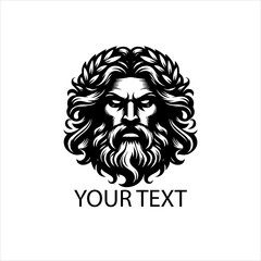 Vector logo of calm Zeus face, ancient Greek god illustration in bold black line art, isolated on white background