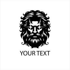 Fototapeta premium Vector logo of Zeus face with lightning strike, mythological thunder god in bold black line art, isolated on white background