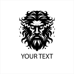 Vector logo of Zeus face with lightning strike, mythological thunder god in bold black line art, isolated on white background