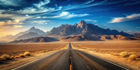 Asphalt road disappearing into a dramatic desert landscape under a vibrant sky with majestic mountains