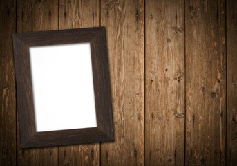 Blank frame on wooden wall background with rustic texture and space for image or text display