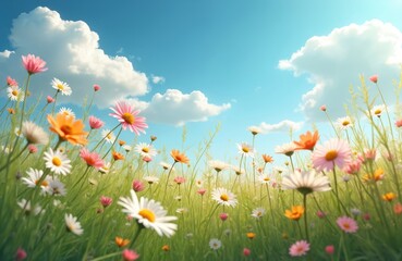 Summer meadow with daisies flowers on blue sky. White, pink, orange daisies on sunny day. Green grass, white clouds. Beautiful spring flora landscape scene.