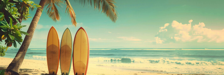 Panorama view of surfboard on tropical beach background. Vintage tone color style. Generative ai