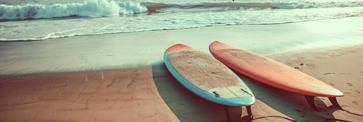 Panorama view of surfboard on tropical beach background. Vintage tone color style. Generative ai