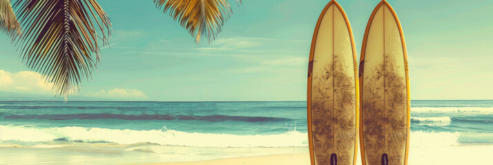 Panorama view of surfboard on tropical beach background. Vintage tone color style. Generative ai