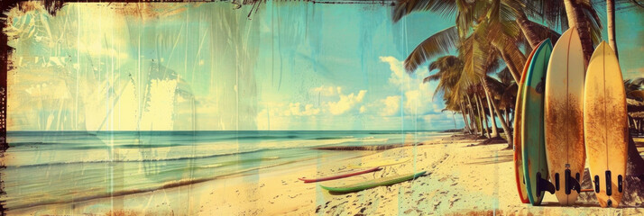 Panorama view of surfboard on tropical beach background. Vintage tone color style. Generative ai