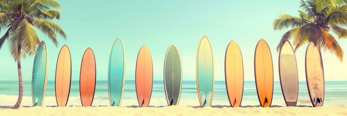 Panorama view of surfboard on tropical beach background. Vintage tone color style. Generative ai