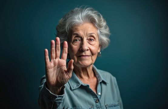 Elderly woman raises hand, gestures top in solidarity against elder abuse. Grey-haired senior with determined look, advocating for rights. Blue background highlights important social issue. Protect