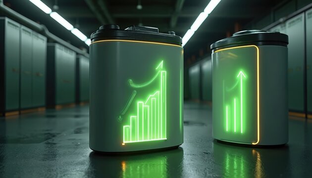 Two glowing batteries with growth charts on surface stand in industrial hall. Concept of battery replacement enhancing efficiency with neon graph. Tech, energy, resource optimization.