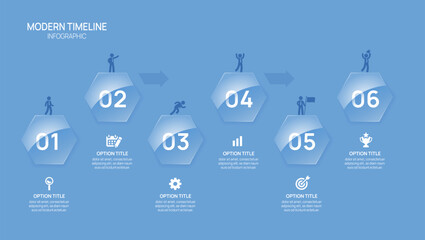 Infographics timeline Glassmorphism Hexagon Button  business 6 steps to success template.