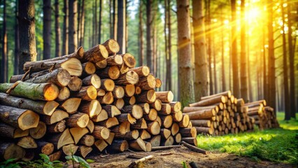 Sunlit Forest Logs Stacked High in a Woodland Setting