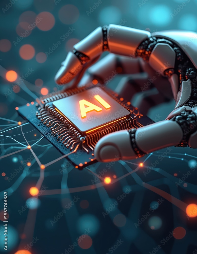 Poster robot hand holds computer chip with ai inscription. microchip glows with ai concept. ai technology, 