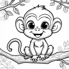 Fototapeta premium Cartoon monkey coloring page for kids. Black and white outline of cute monkey. Smiling animal sitting on branch. Printable activity for children. Visual illustration, book design, educational.