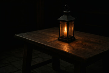 Single candle burning in a rustic lantern on a wooden table in a dark room, creating a cozy and serene atmosphere