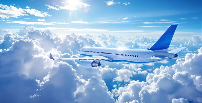 Commercial passenger airplane flying above clouds in bright blue sky with sunlight and detailed aircraft design concept of modern air transport scene.