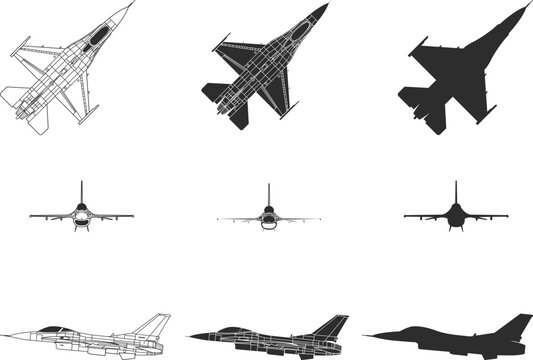 Set of icons of combat aircraft f16, top view, side and front view, f 16 icons line, isolation and silhouette in black color.