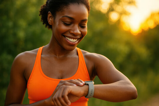 Young athletic woman checking fitness smartwatch during morning jog outdoors in bright orange sportswear, smiling confidently