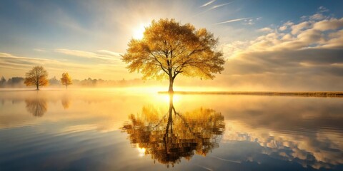 Naklejka premium Golden Hour Serenity A lone tree stands majestically in a tranquil lake, its reflection mirroring the breathtaking sunrise