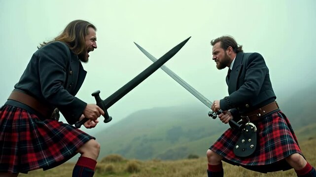 Scottish Highlanders clash in epic broadsword duel in misty highlands.